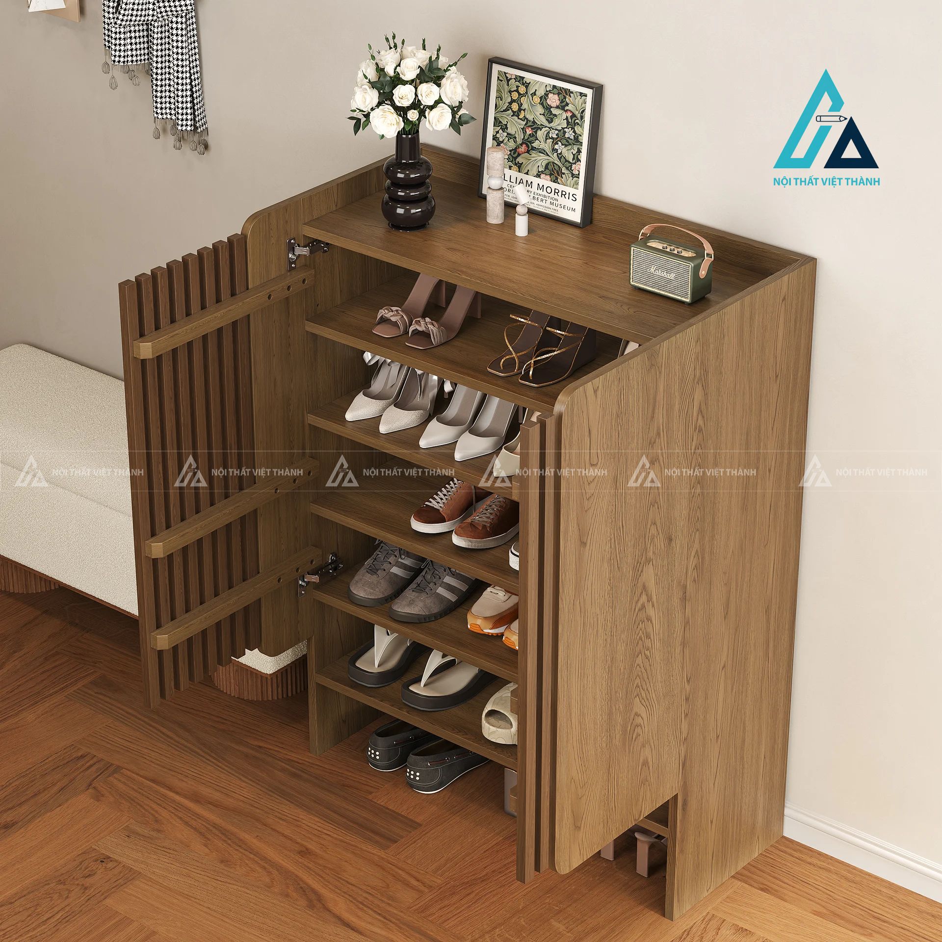 Tủ giày thông minh cửa nan gỗ hiện đại tiết kiệm không gian 6