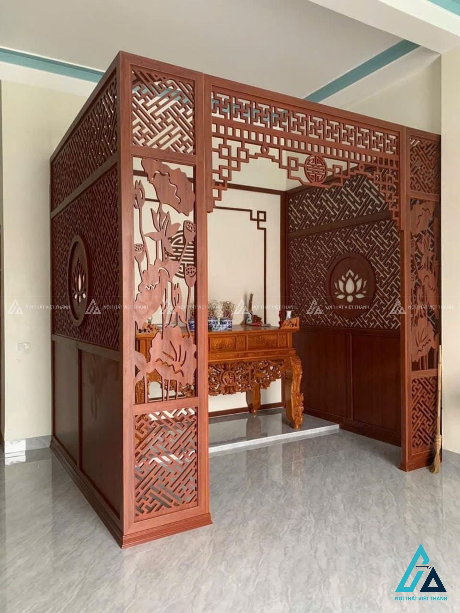 Vách Ngăn Phòng Thờ Phúc Lộc Thọ Cắt CNC Hoa Sen Đẹp