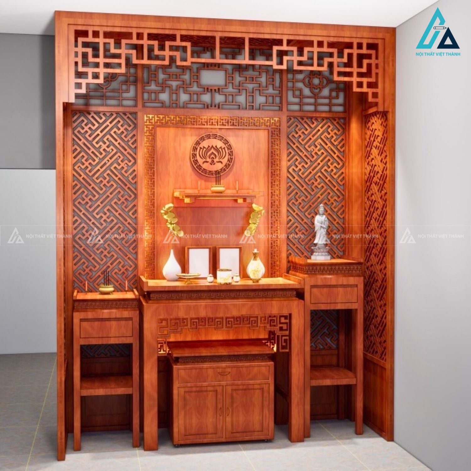Hệ Vách Ngăn Phòng Thờ CNC Có Mái Vòm Trang Trí Chữ Đẳng Cấp