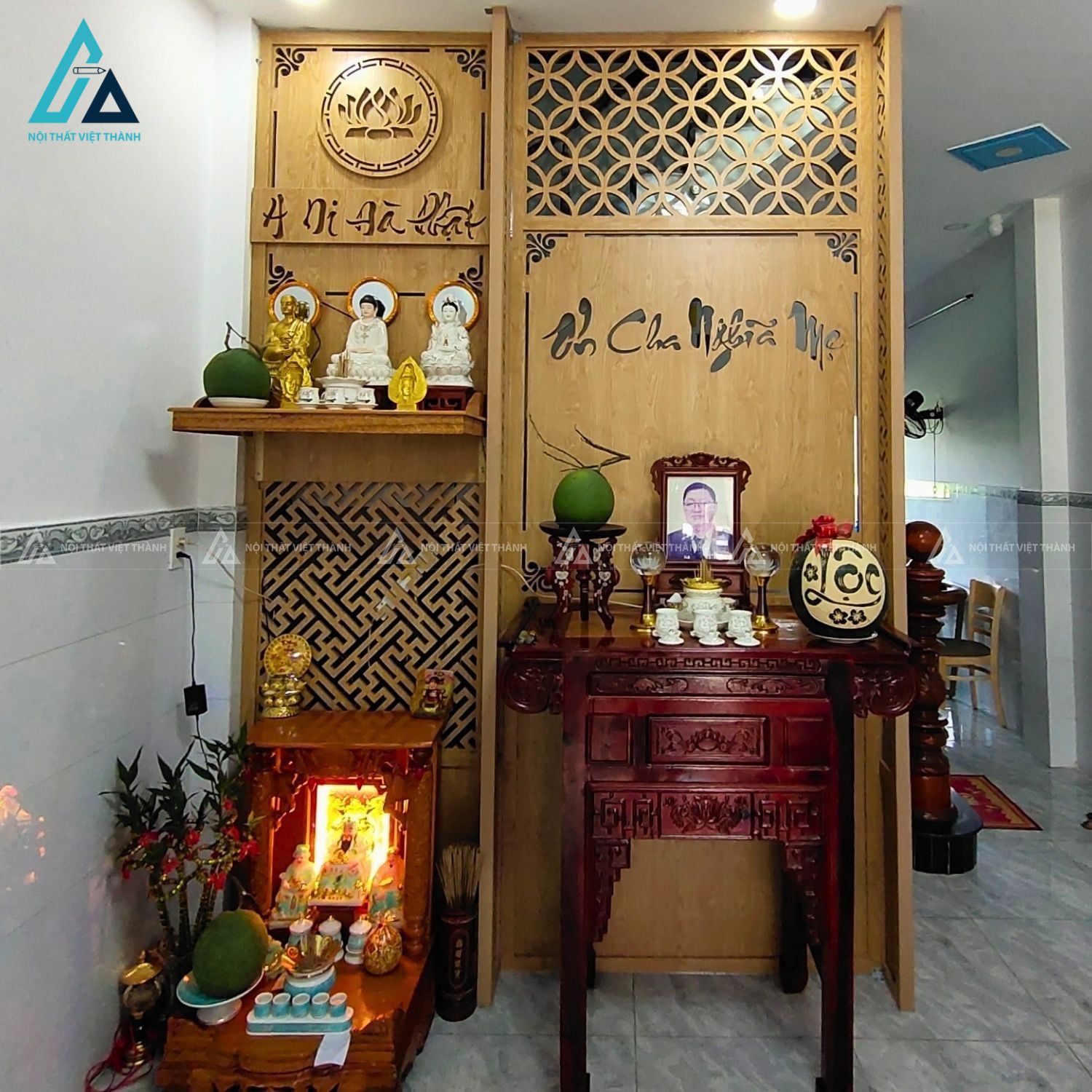 Hệ Vách Ngăn Phòng Thờ Kịch Trần Cắt CNC Kết Hợp Chữ Thư Pháp