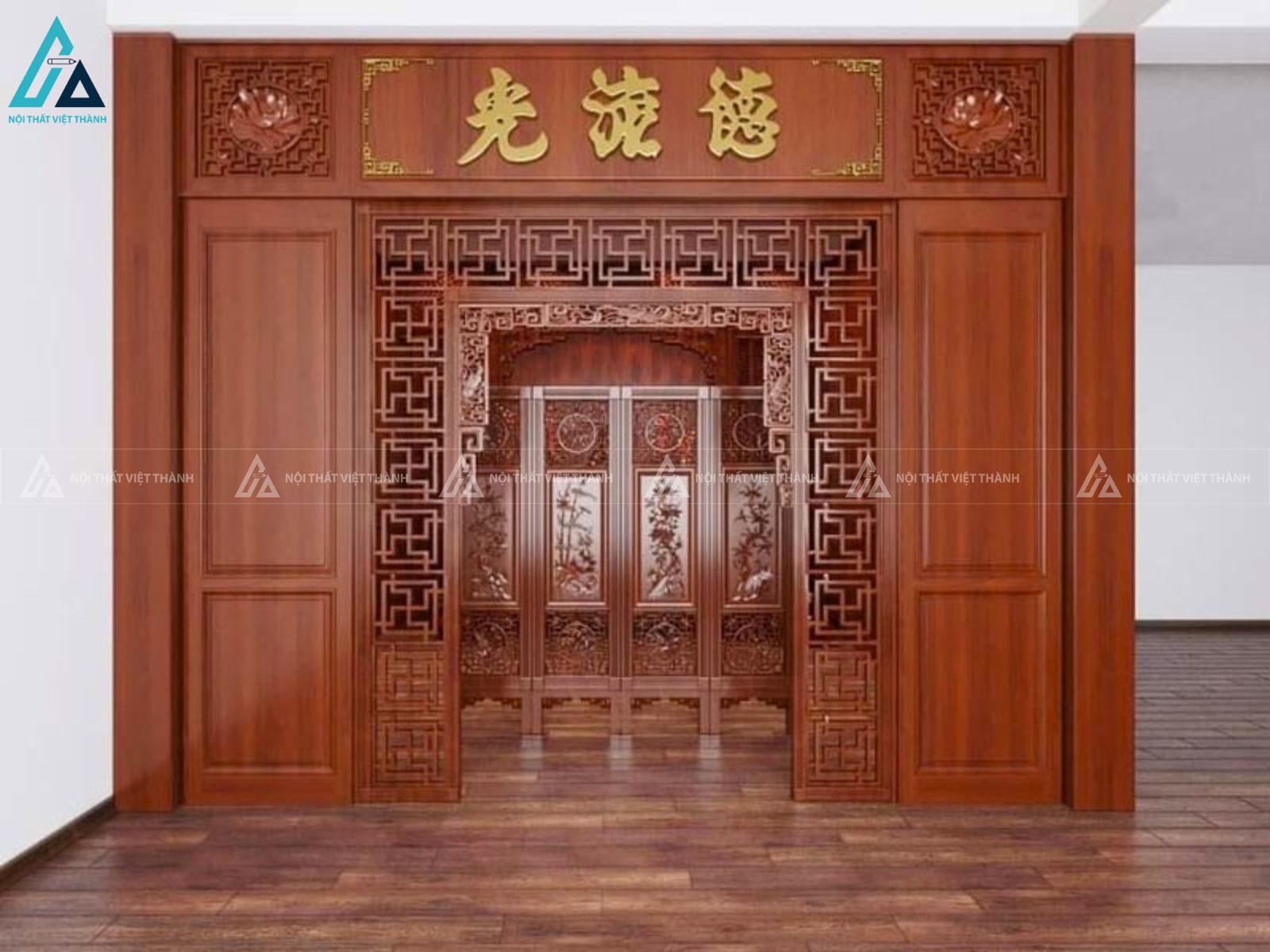 Vách Ngăn Phòng Thờ Phật Bản Lớn Ốp Hậu Toàn Diện Uy Nghi Đẹp
