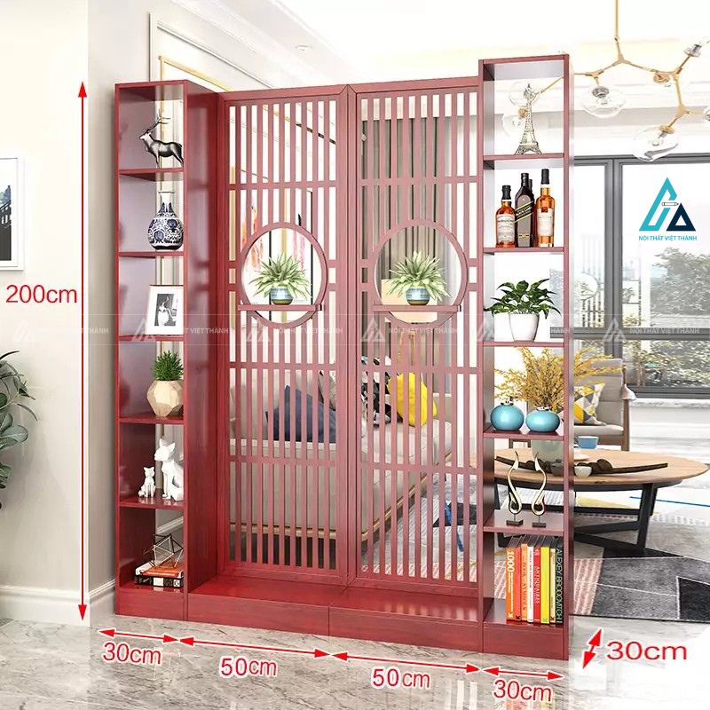 Vách ngăn phòng khách khung tròn nghệ thuật kèm kệ trưng bày đồ 1