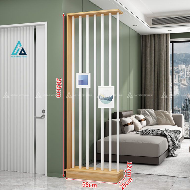 Kệ vách ngăn lam sọc hiện đại tích hợp ô gỗ treo trang trí 1