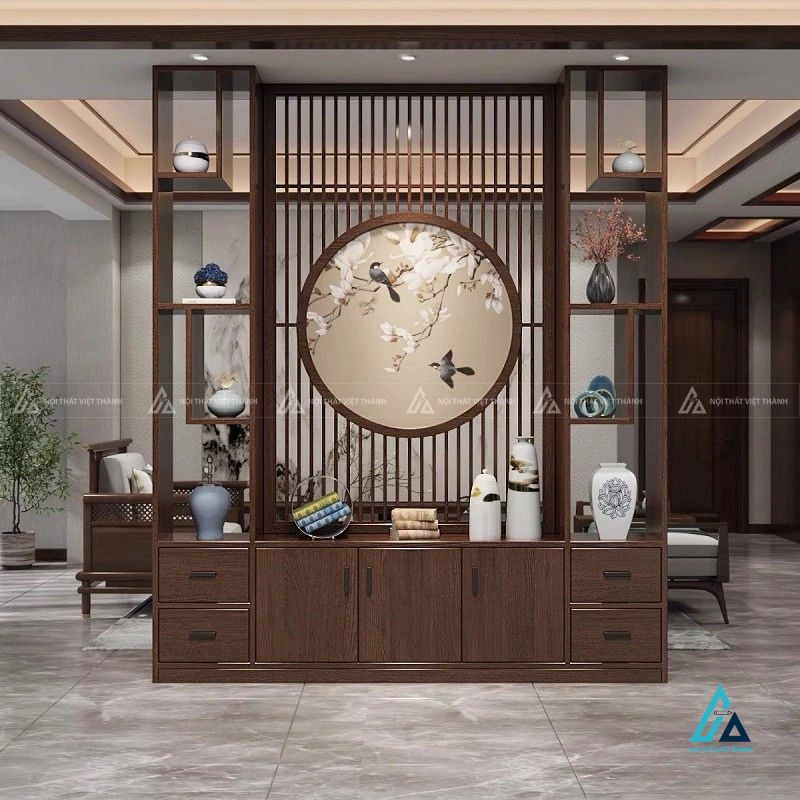 Vách ngăn phòng khách hệ tủ kệ trưng bày tranh tròn mộc lan cao cấp