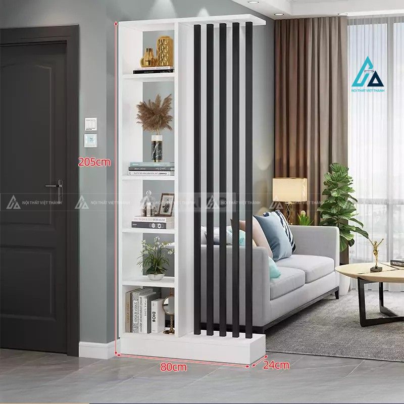 Vách ngăn phòng khách dạng lam sọc kèm kệ sách hiện đại 1
