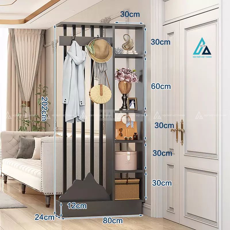 Vách ngăn phòng khách có móc treo đồ và hệ kệ đứng đa năng 1