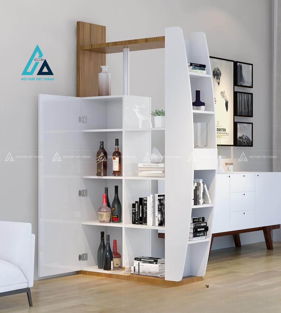 Vách ngăn kết hợp tủ kệ rượu trang trí phòng khách hiện đại đa năng