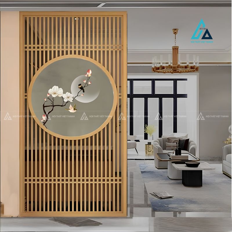 Vách ngăn gỗ khắc họa tiết tranh tròn nghệ thuật phòng khách 1