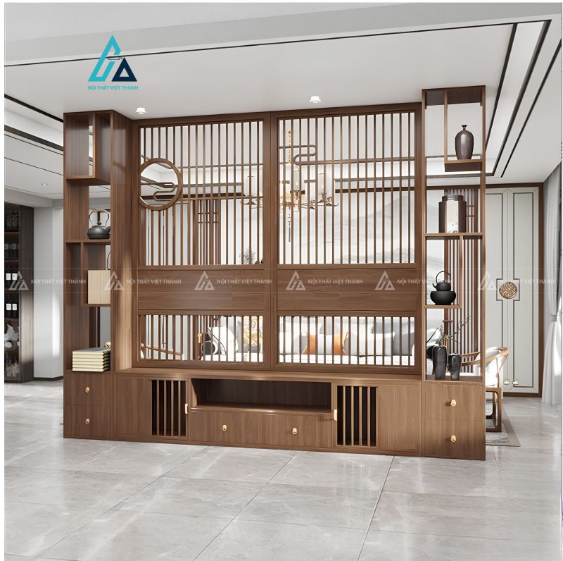 Vách ngăn phòng khách thiết kế lam gỗ đối xứng sang trọng