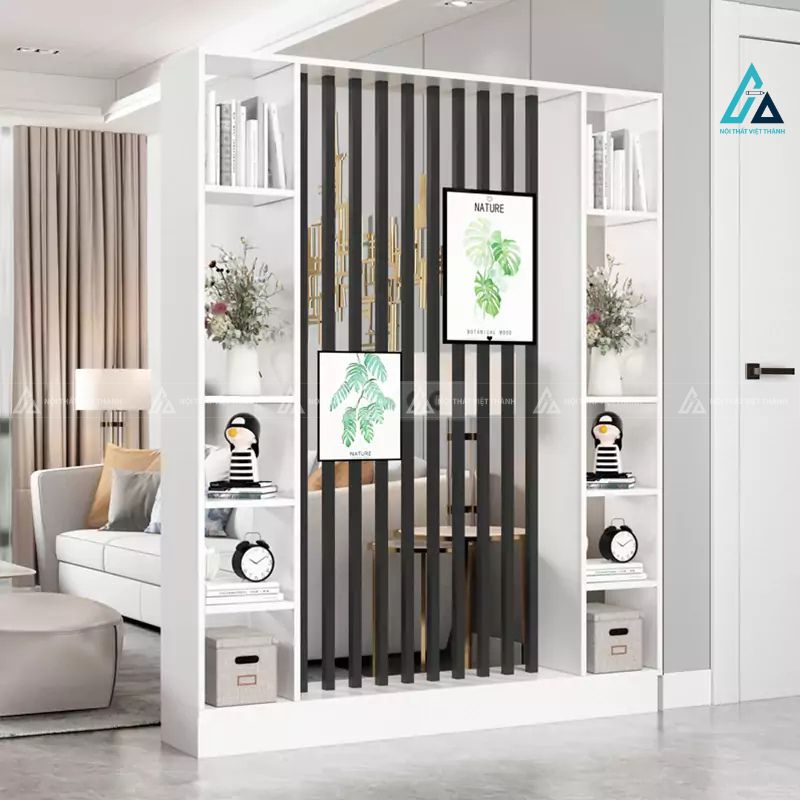 Vách ngăn phòng khách đối xứng tích hợp kệ sách hai bên 1