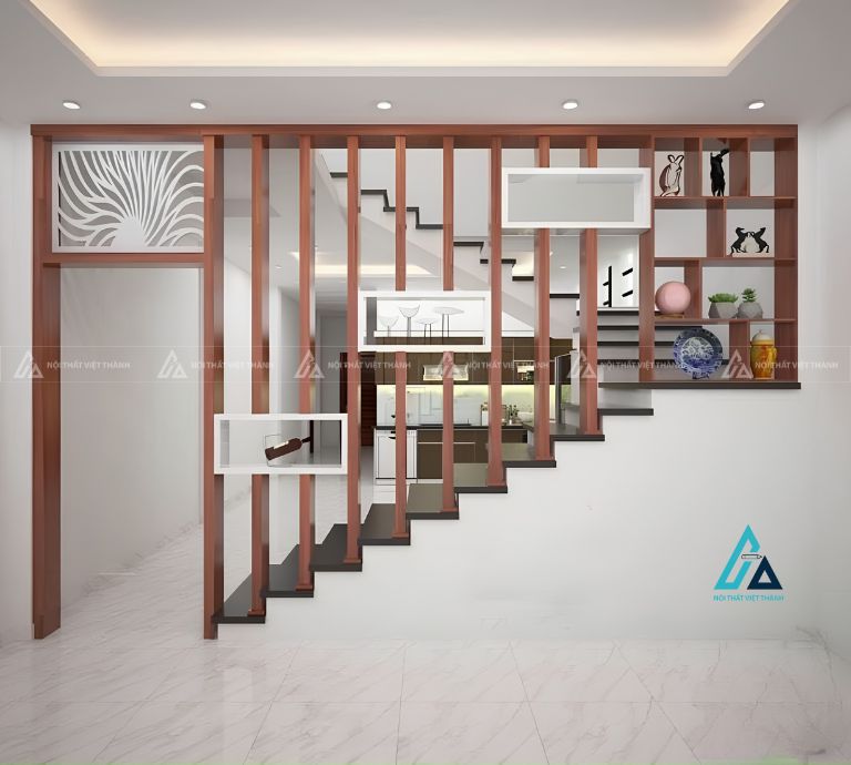 Vách ngăn cầu thang giật cấp tích hợp cửa thông phòng
