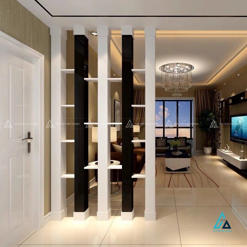 Vách ngăn cột gỗ trang trí phòng khách hiện đại sang trọng 1