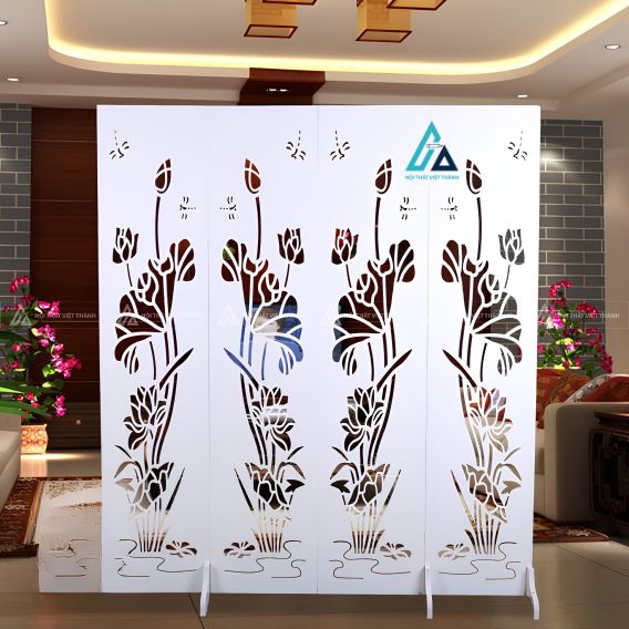 Vách ngăn bình phong di động cắt hoa văn đóa sen cổ truyền 2