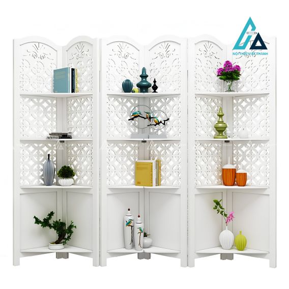 Vách ngăn bình phong di động gấp khúc tích hợp kệ góc trang trí