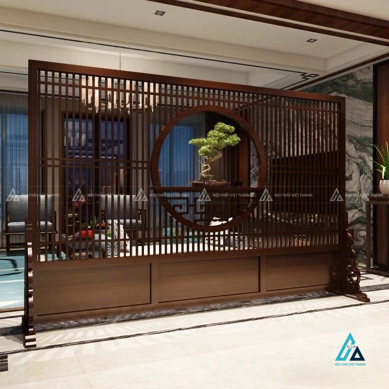 Vách ngăn phòng khách nan thoáng ô tròn trưng bày cây nghệ thuật