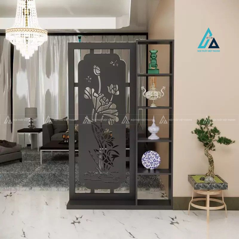 Vách ngăn trang trí họa tiết hoa sen kết hợp kệ trưng bày đa năng 1