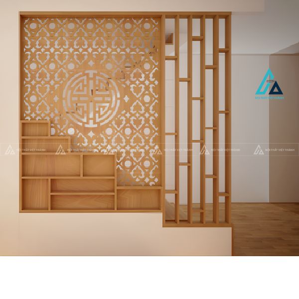 Vách ngăn cầu thang cnc chữ thọ kết hợp kệ trang trí