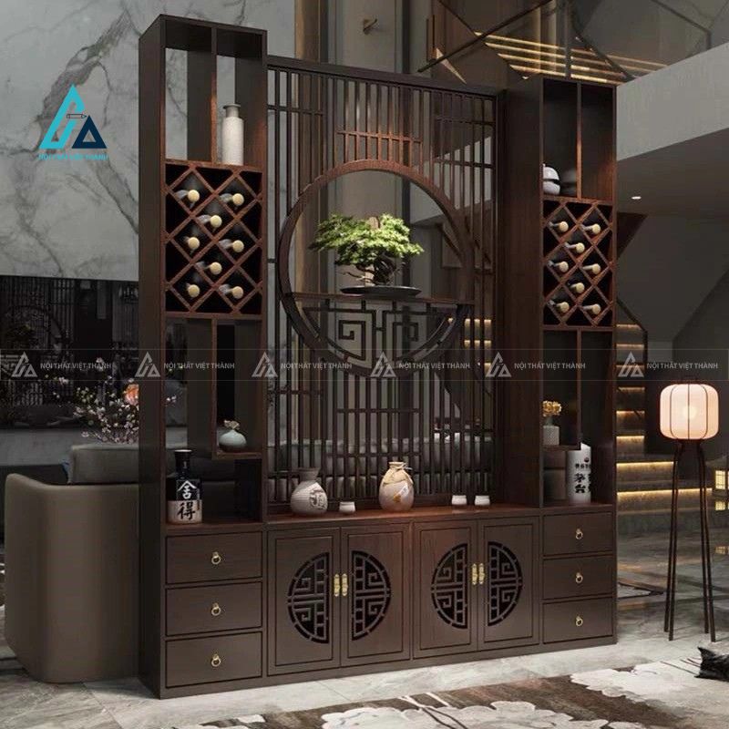 Vách ngăn phòng khách kết hợp tủ kệ trưng bày tranh tròn đối xứng 1