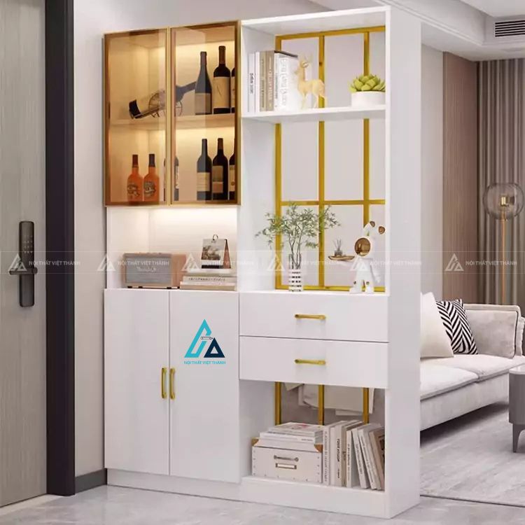 Vách ngăn phòng khách tích hợp tủ rượu và kệ trang trí hiện đại 1