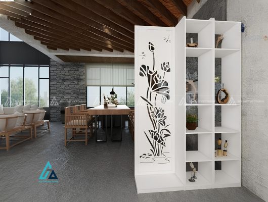 Vách ngăn cắt hoa văn hình hoa sen kết hợp kệ trang trí hai bên 1