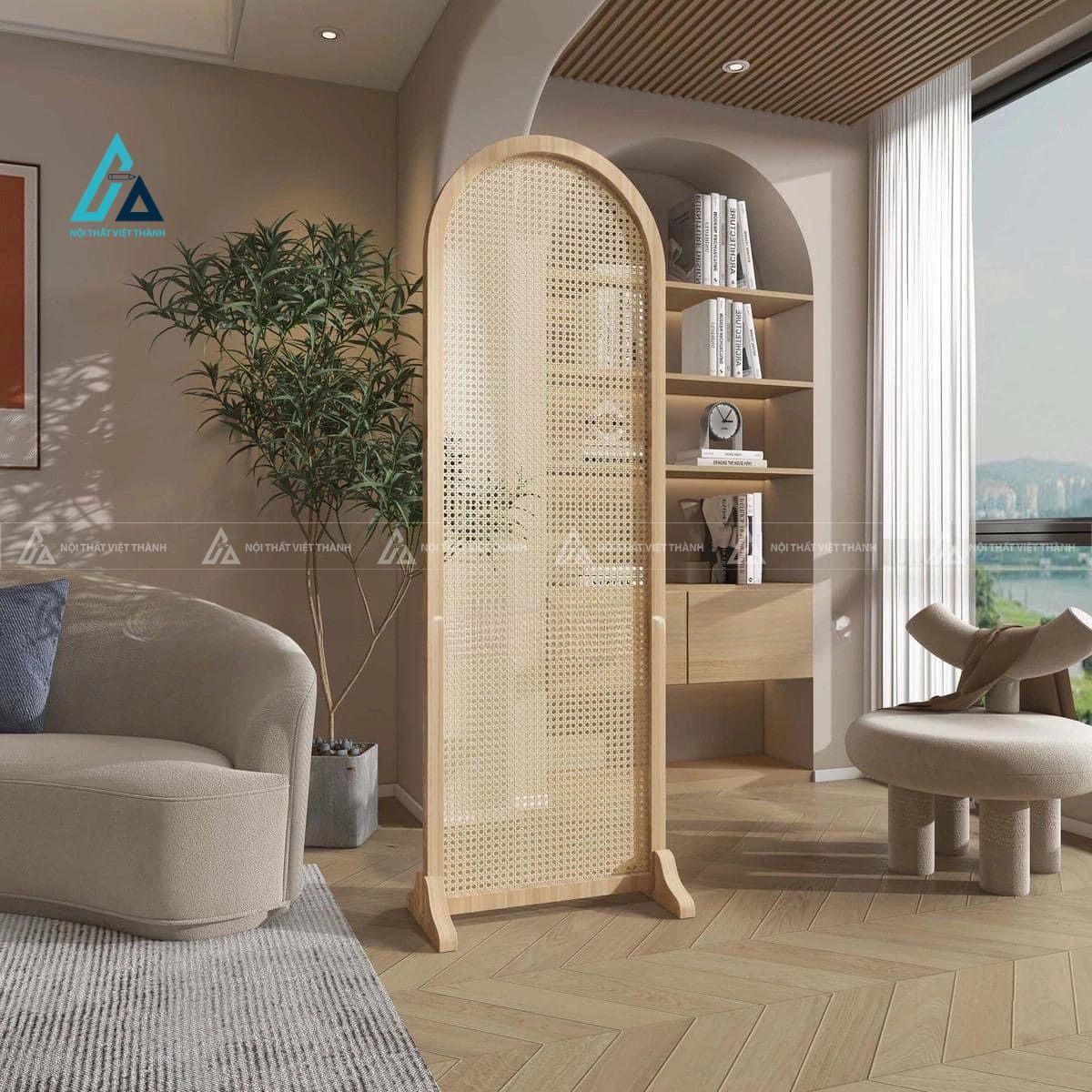 Vách trang trí mây mắt cáo dáng vòm ngăn phòng cách điệu tinh tế