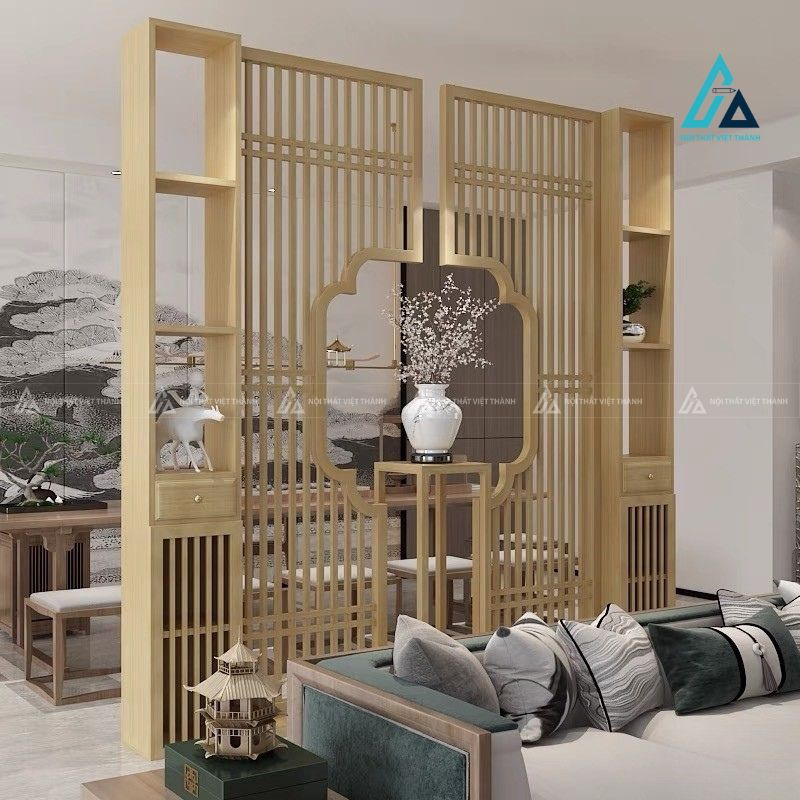 Vách ngăn phòng khách hệ tủ kệ đối xứng khuyết ô giữa nghệ thuật 1