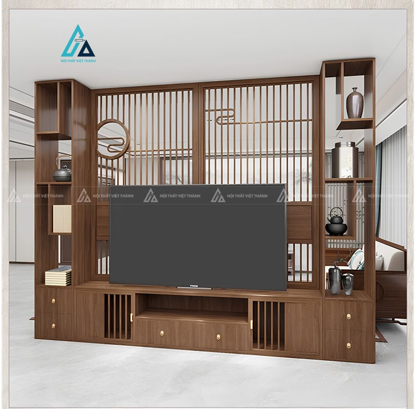 Vách ngăn phòng khách thiết kế lam gỗ đối xứng sang trọng 1