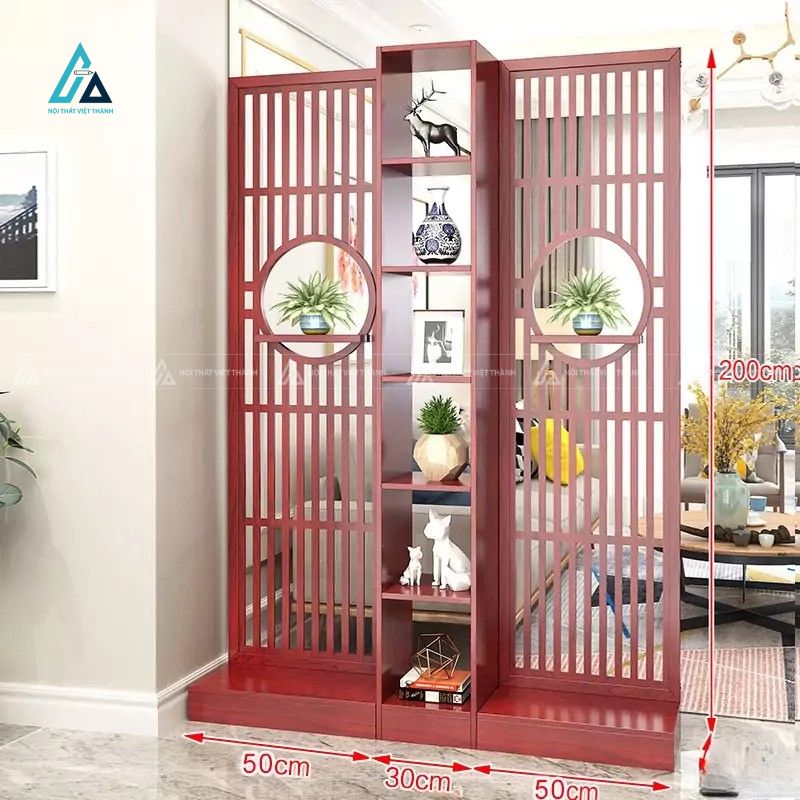 Vách ngăn phòng khách khung tròn nghệ thuật kèm kệ trưng bày đồ 3