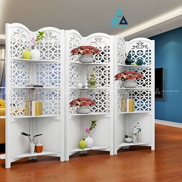 Vách ngăn bình phong di động gấp khúc tích hợp kệ góc trang trí 1