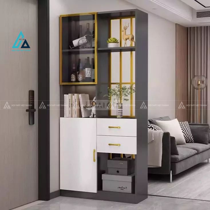 Vách ngăn phòng khách tích hợp tủ rượu và kệ trang trí hiện đại 2