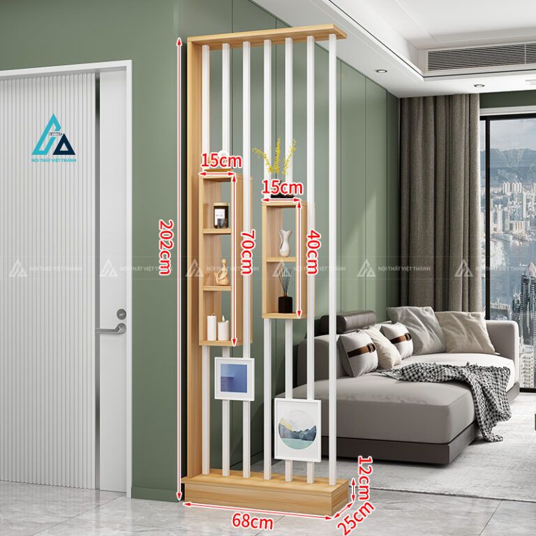 Kệ vách ngăn lam sọc hiện đại tích hợp ô gỗ treo trang trí 2