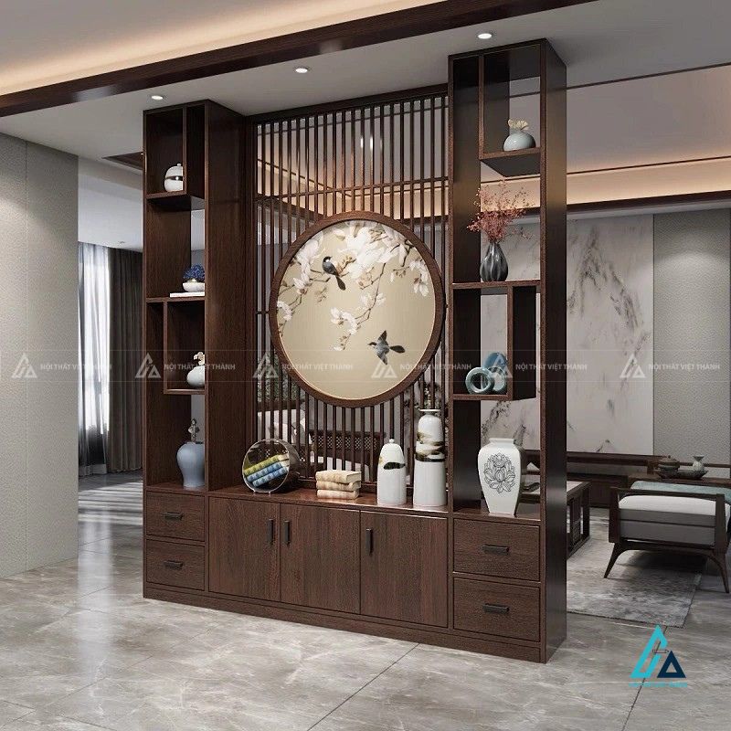 Vách ngăn phòng khách hệ tủ kệ trưng bày tranh tròn mộc lan cao cấp 1
