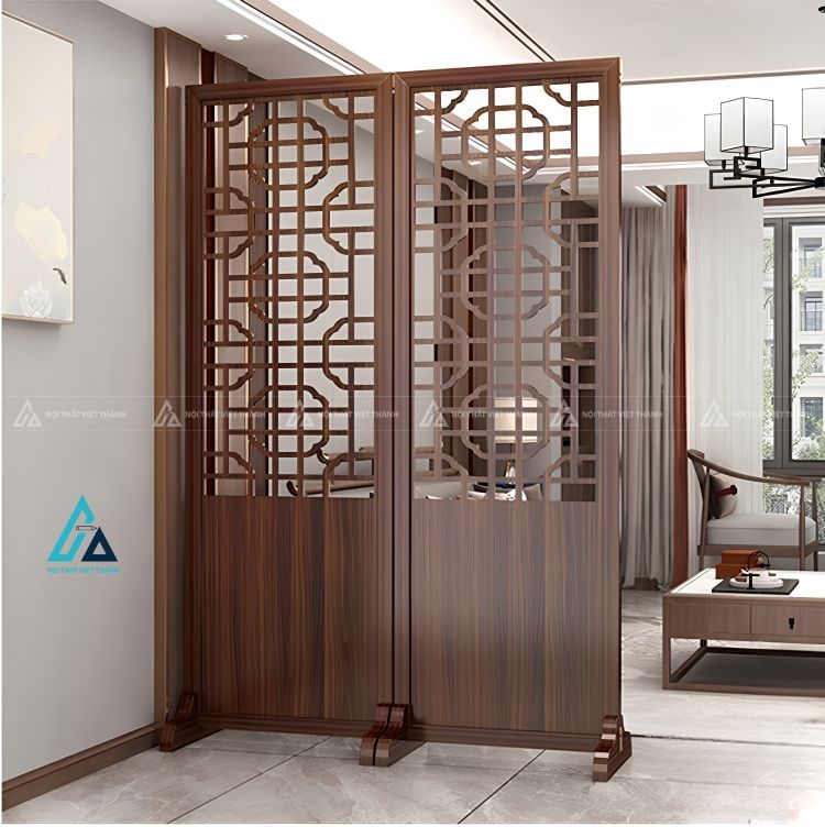 Vách ngăn gỗ di động họa tiết cổ điển cho phòng khách