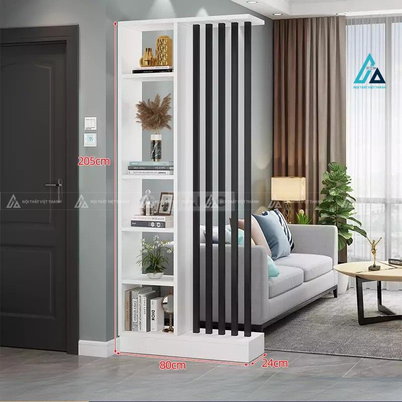 Vách ngăn phòng khách dạng lam sọc kèm kệ sách hiện đại 2