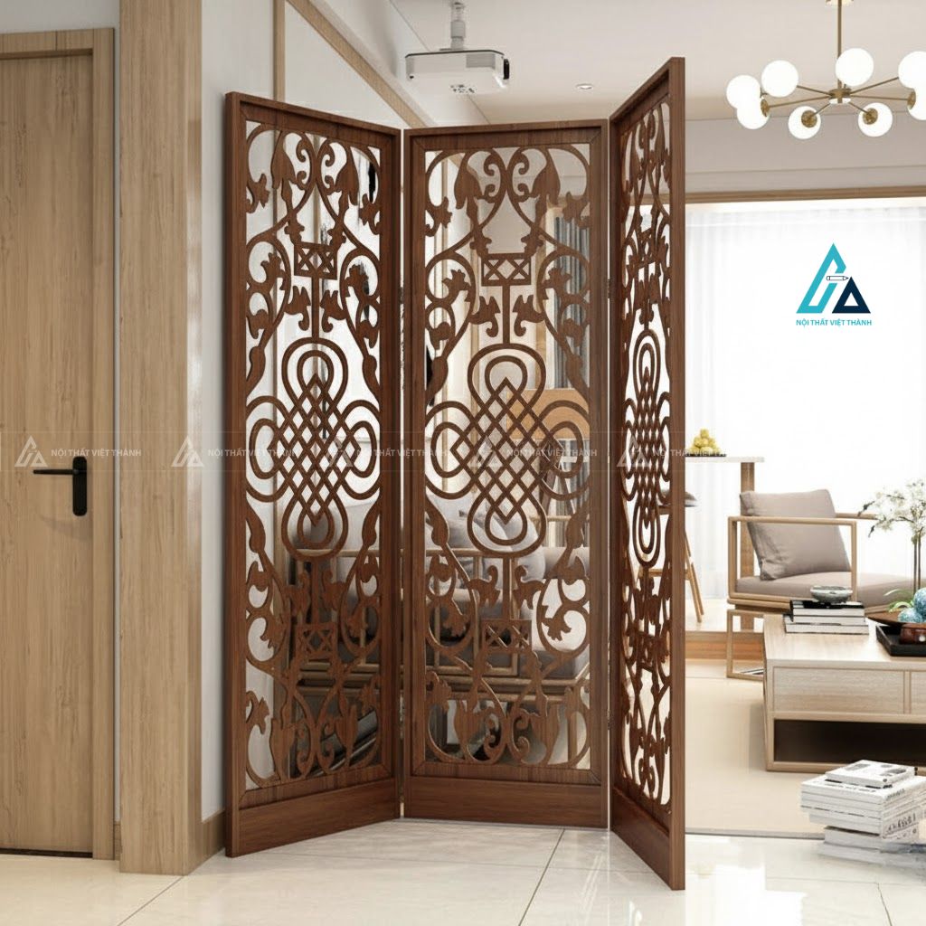 Vách bình phong hoa văn cắt cnc có chân đế giúp ngăn phòng khách 1