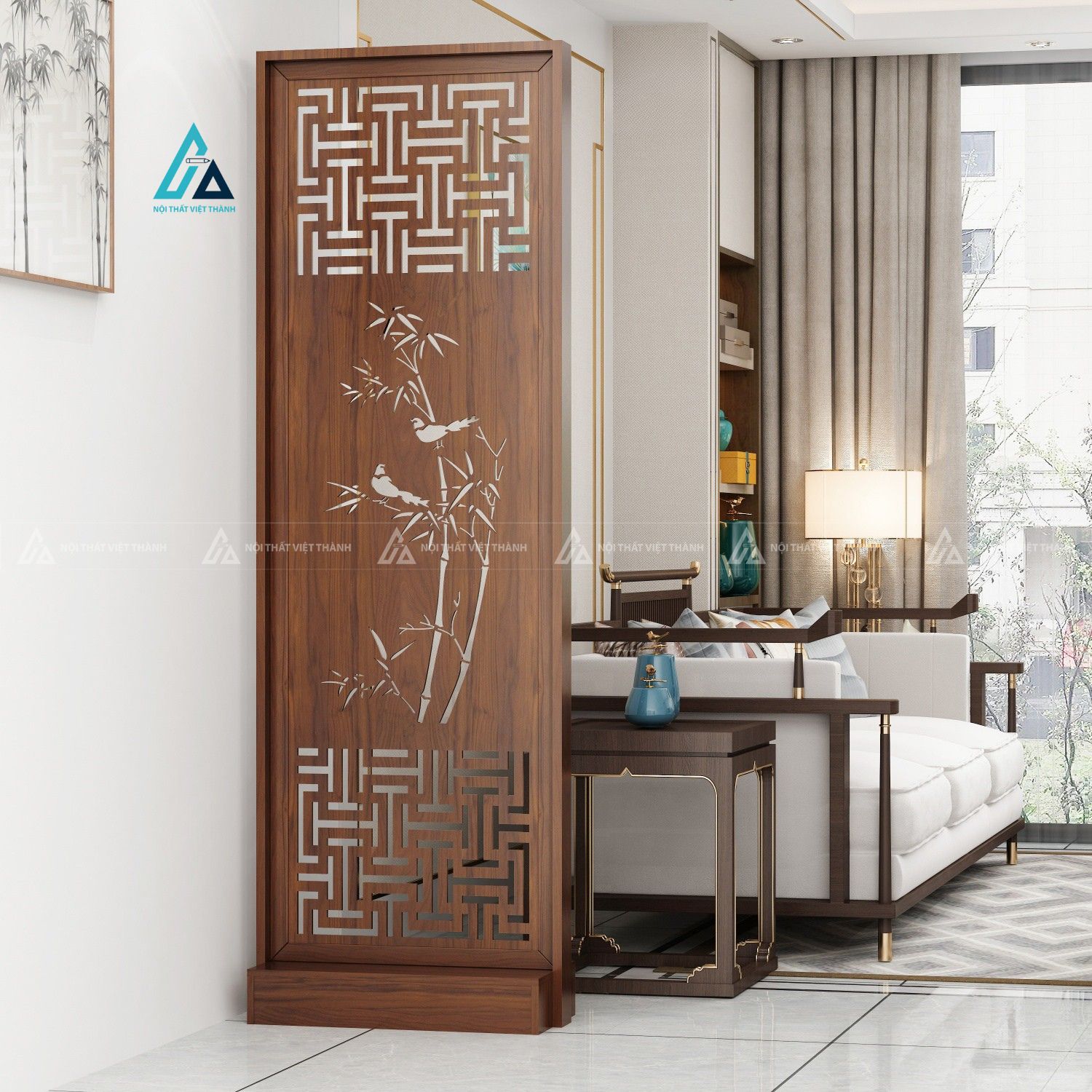Vách ngăn trang trí phòng khách họa tiết trúc chim mang lại may mắn 1