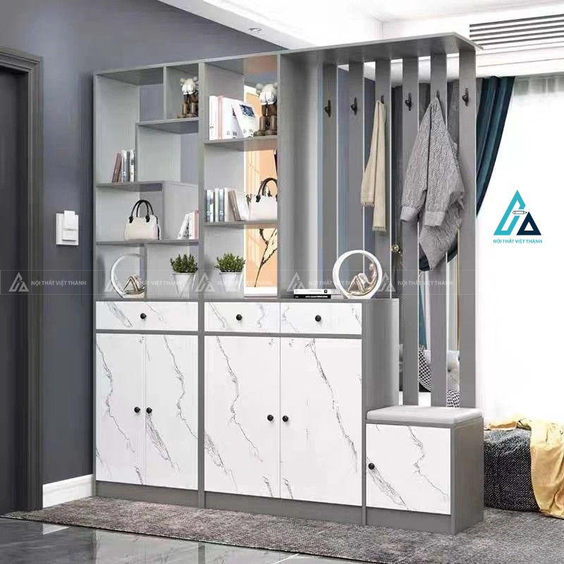 Vách ngăn phòng khách hệ tủ tích hợp ghế đệm ngồi và móc treo 1