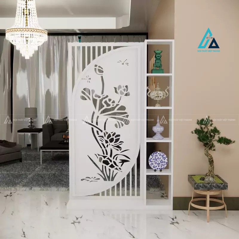 Vách ngăn trang trí họa tiết hoa sen kết hợp kệ trưng bày đa năng 2