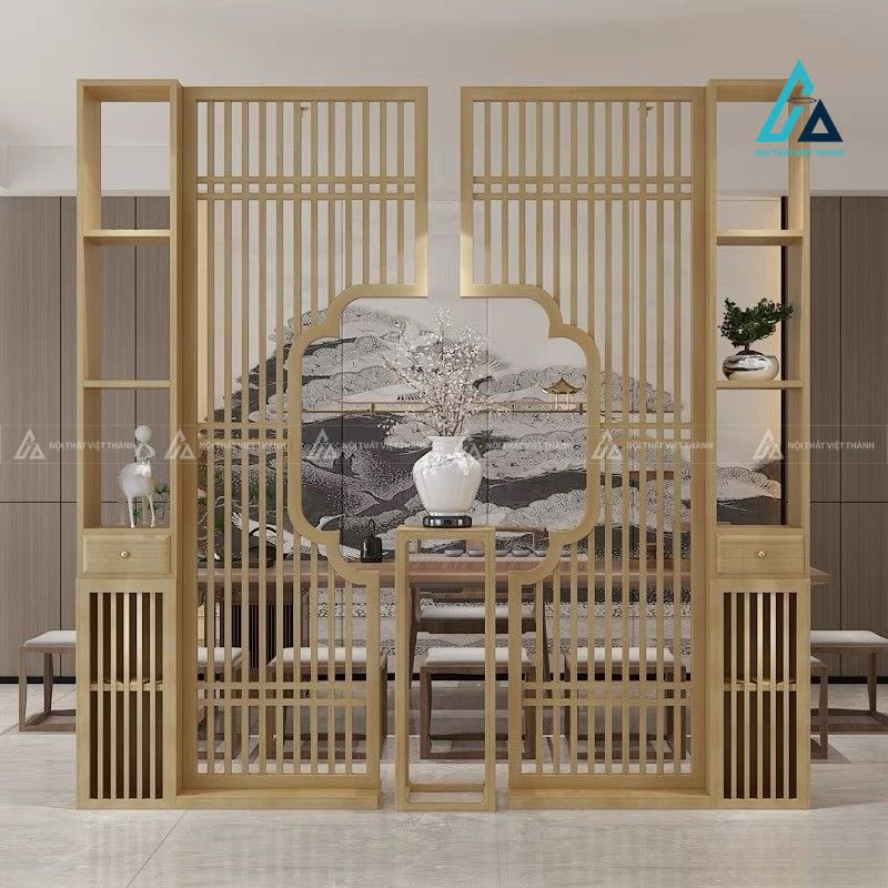 Vách ngăn phòng khách hệ tủ kệ đối xứng khuyết ô giữa nghệ thuật