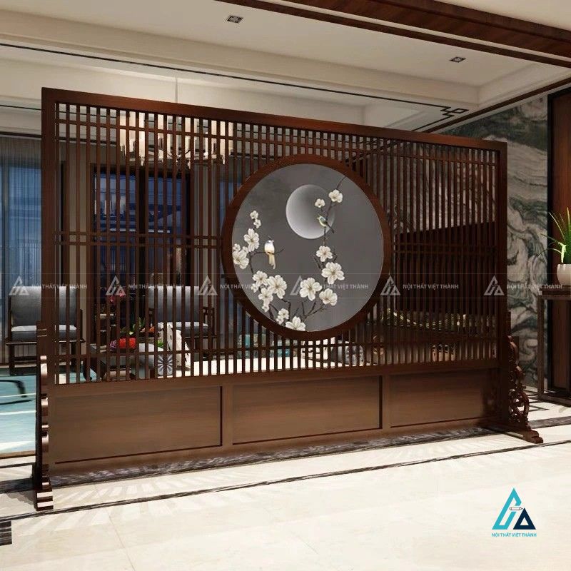 Vách ngăn phòng khách nan thoáng ô tròn trưng bày cây nghệ thuật 1