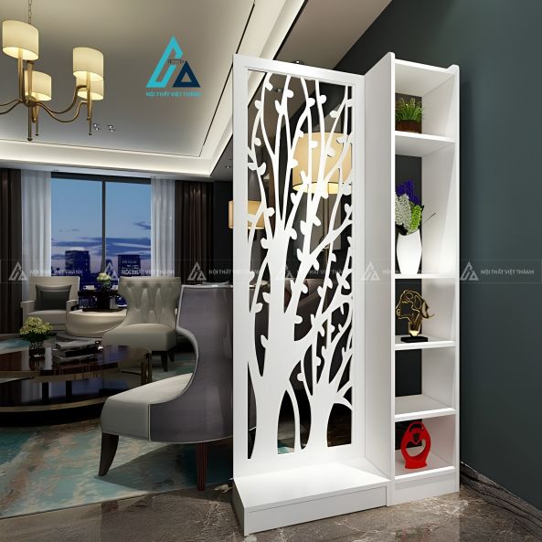 Vách ngăn cắt hoa văn hình cây kết hợp kệ trang trí phòng khách 1