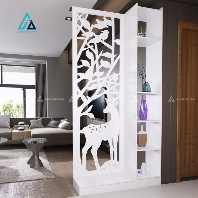 Vách ngăn cắt hoa văn hình hươu kết hợp kệ trang trí phòng khách 2