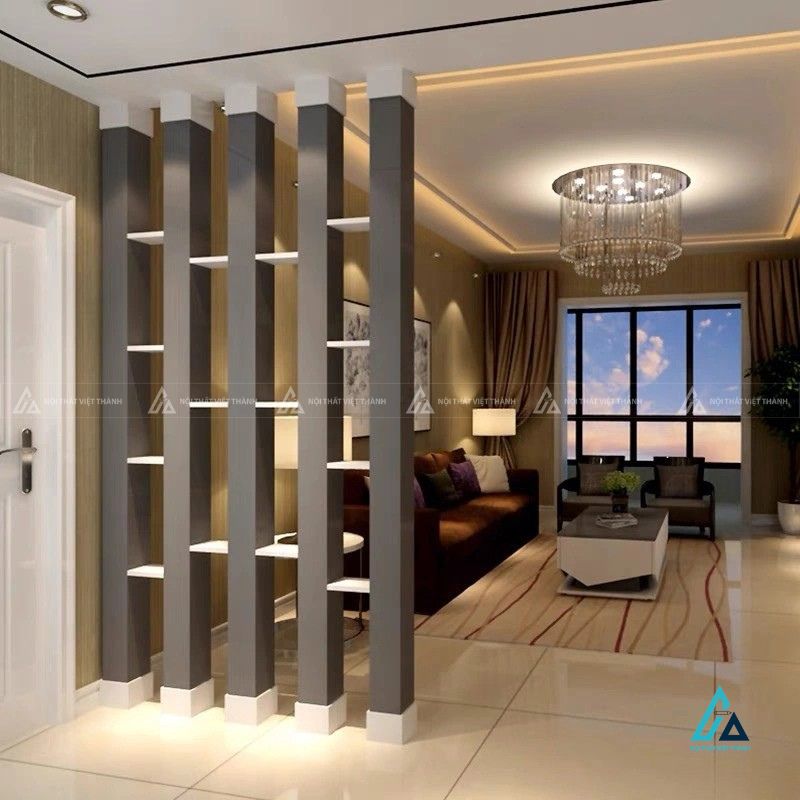 Vách ngăn cột gỗ trang trí phòng khách hiện đại sang trọng