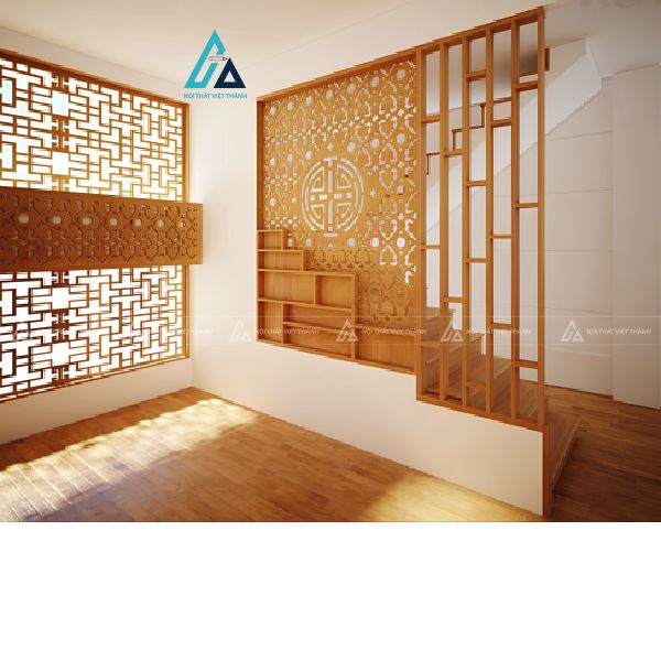 Vách ngăn cầu thang cnc chữ thọ kết hợp kệ trang trí 1