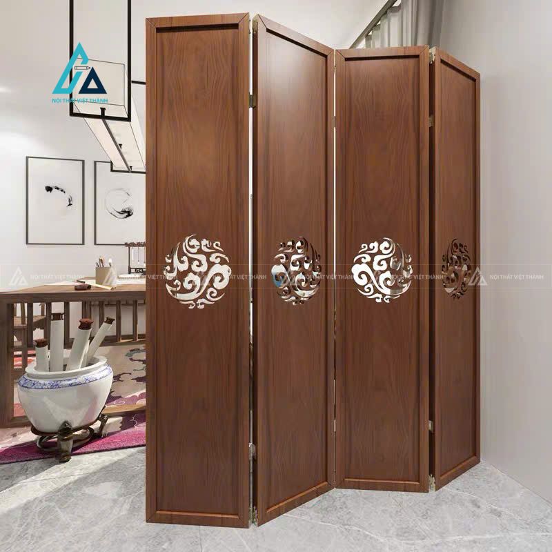 Vách bình phong họa tiết hoa văn tròn gấp gọn di động linh hoạt
