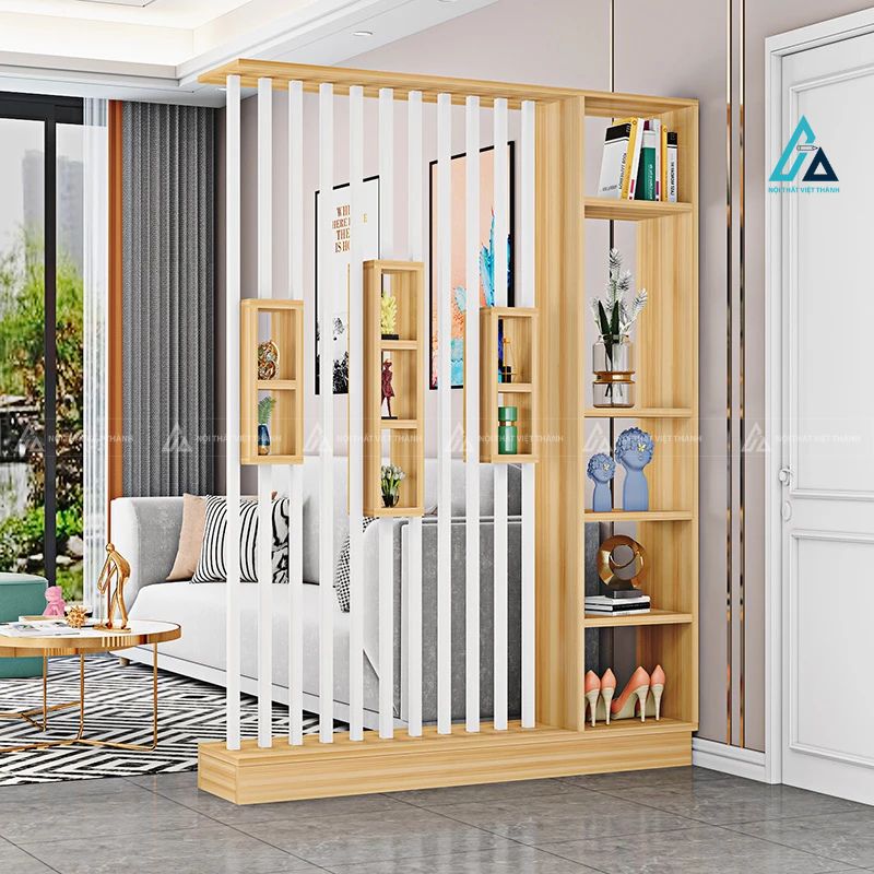 Vách ngăn phòng khách hệ kệ đứng đa tầng tích hợp ô trang trí 2