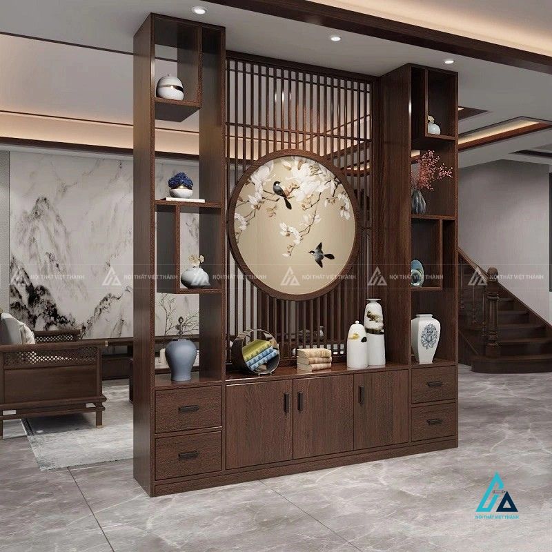 Vách ngăn phòng khách hệ tủ kệ trưng bày tranh tròn mộc lan cao cấp 2