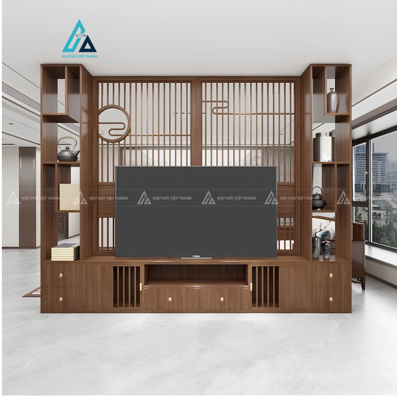 Vách ngăn phòng khách thiết kế lam gỗ đối xứng sang trọng 2
