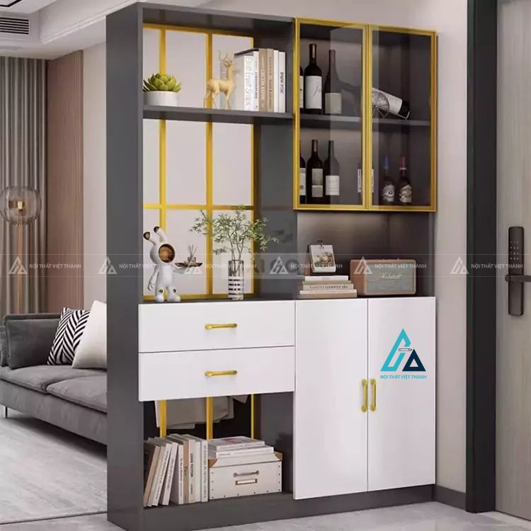 Vách ngăn phòng khách tích hợp tủ rượu và kệ trang trí hiện đại 3