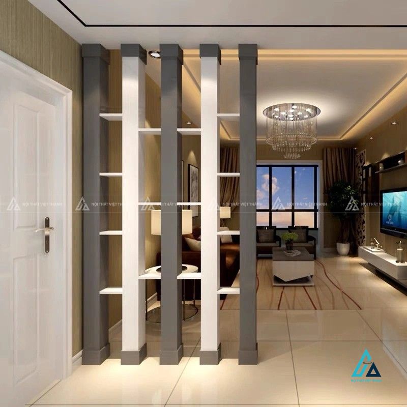 Vách ngăn cột gỗ trang trí phòng khách hiện đại sang trọng 2